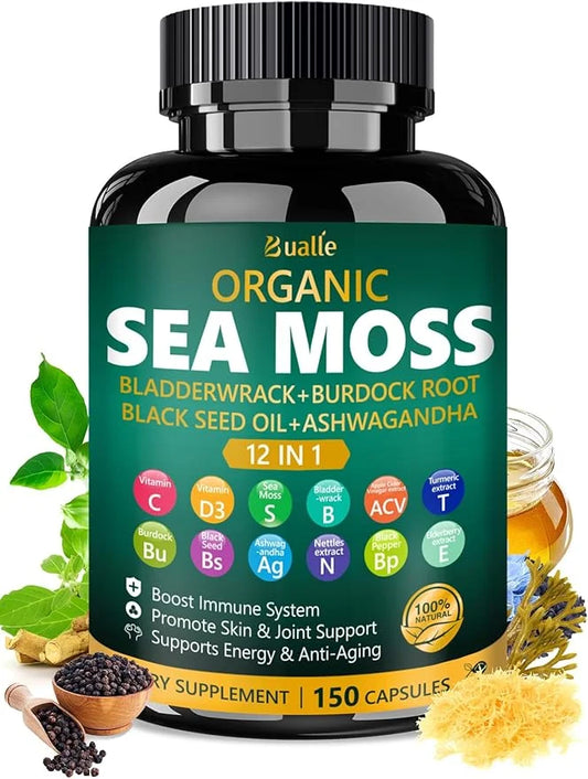 Organic Sea Moss Capsules with Sea Moss,Black Seed Oil,Ashwagandha,Bladderwrack,Ginger,Burdock Root for Immune System,Skin...