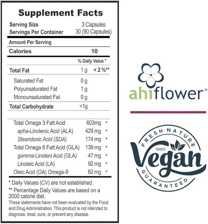 Ahiflower Oil Vegan Omega 3, 6 & 9. 90 Capsules. Vidalia by The Mix Superfoods. 45 Servings. Excelent Sustainable Source. ...