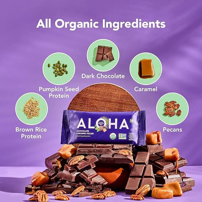 ALOHA Organic Plant Based Protein Bars | Chocolate Caramel Pecan | 12 Count, 1.98oz Bars | Vegan, Low Sugar, Gluten Free, ...