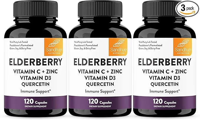 Elderberry Vitamin C and Zinc 120 Capsules (Pack of 3) | with Quercetin and Vitamin D3 | Immune Support for Adults | Herba...