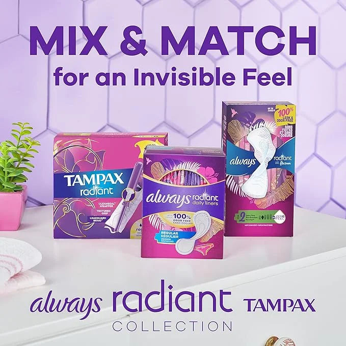 Always Radiant Feminine Pads For Women, 1 Regular 30 Count 6 Packs (180 Count
