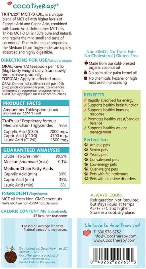 CocoTherapy Triplex MCT-3 Oil, Non-GMO, 100% Pure and Natural, 8 oz. - Product Image