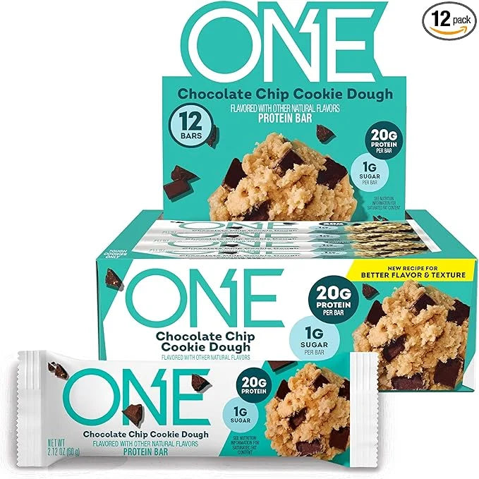 ONE Protein Bars, Chocolate Chip Cookie Dough, Gluten Free with 20g Protein and 1g Sugar, Pantry Staples, 2.12 oz (12 Coun...