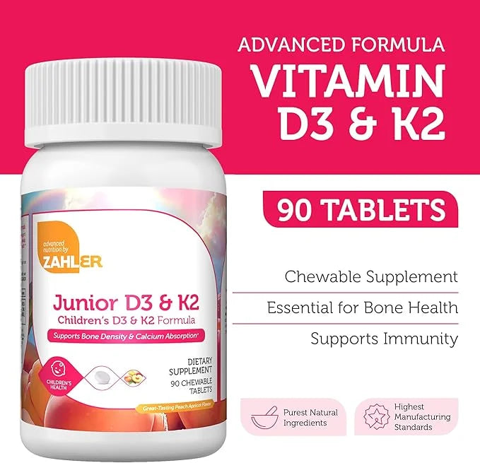 Zahler - Junior Vitamin D3 + K2 Chewable Tablets for Kids| Vitamin D for Kids 2000 IU | Delicious Vitamin D K2 Chews to Su...