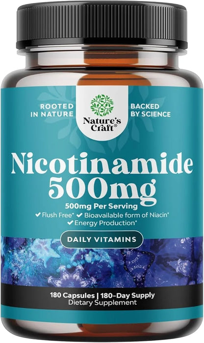 Vitamin B3 Niacinamide 500mg Capsules B3 Niacin 500mg Flush 500mg - 180 Count