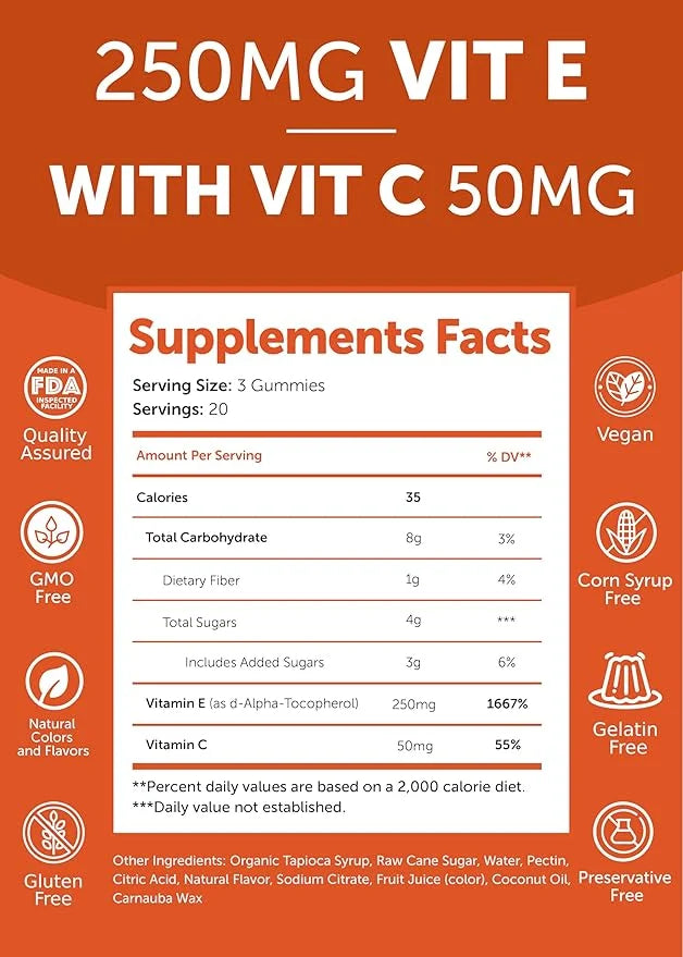 Vitamin E Gummies with Vitamin C 250mg (400IU) (400IU) Vit 60Count