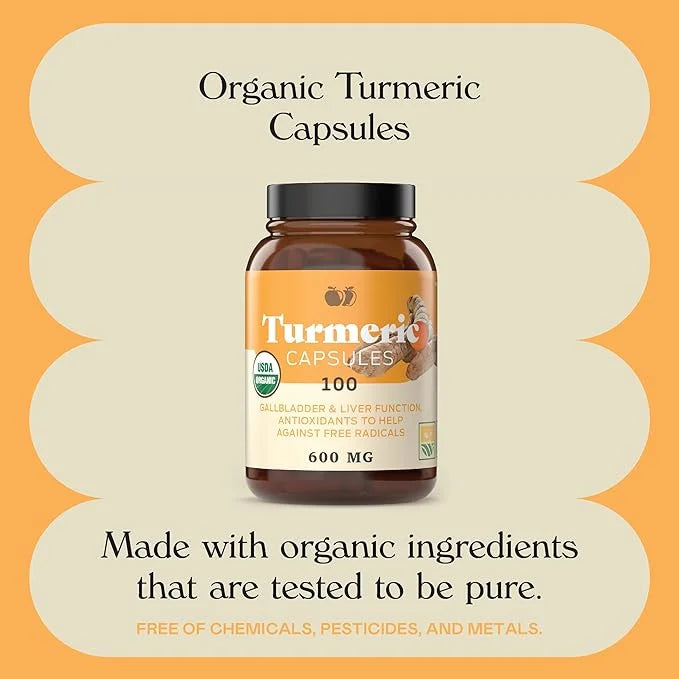 Organic Turmeric Capsules 100 Capsules 600mg, Gallbladder,