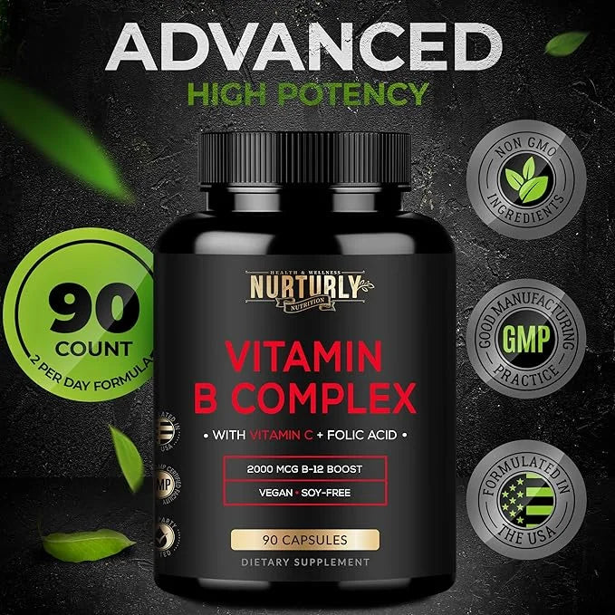 Vitamin B Complex with Vitamin C B1, B2, B2, B3, B3, B5, B5, B6, B6, B7, B7, B9, B9, B12 B12 and 90 Capsules