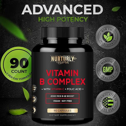 Vitamin B Complex with Vitamin C B1, B2, B2, B3, B3, B5, B5, B6, B6, B7, B7, B9, B9, B12 B12 and 90 Capsules