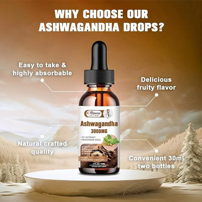 2 Pack Ashwagandha Supplement Liquid Drops 3000mg with VitaminD3,Fenugreek Seeds，Magnesium