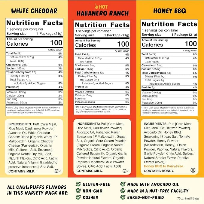 CauliPuffs Classic Variety Pack (Non-Vegan Box of 15, 0.75oz bags) - 5 bags each Honey BBQ, White Cheddar, Habanero Ranch ...