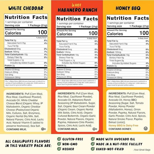CauliPuffs Classic Variety Pack (Non-Vegan Box of 15, 0.75oz bags) - 5 bags each Honey BBQ, White Cheddar, Habanero Ranch ...