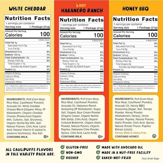 CauliPuffs Classic Variety Pack (Non-Vegan Box of 15, 0.75oz bags) - 5 bags each Honey BBQ, White Cheddar, Habanero Ranch ...