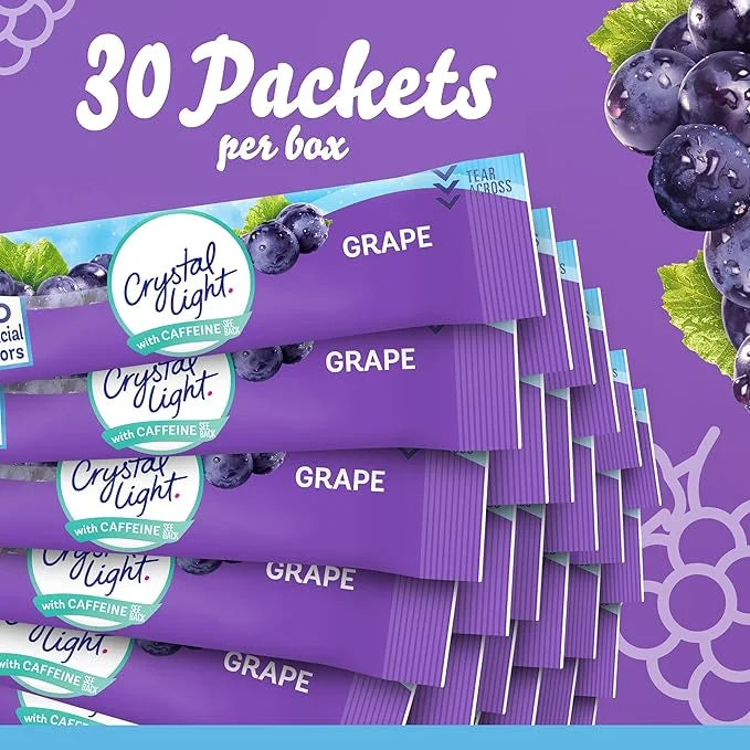 Crystal Light Grape Naturally Flavored Powdered Drink Mix with Caffeine, 120 ct Pack, 4 Boxes of 30 On-the-Go Packets - Pr...