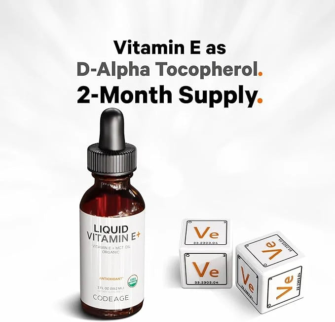 Codeage Liquid Vitamin E+ - USDA-Certified Organic Vitamin E - 2-Month Supply - D-Alpha Tocopherol Acetate, Organic MCT Oi...