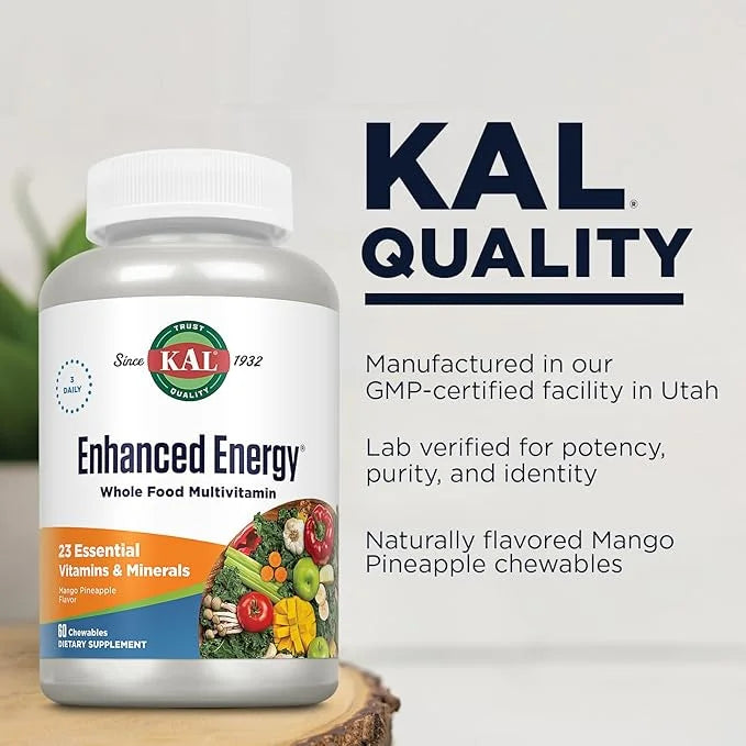 KAL Enhanced Energy Supplements, Whole Food 3 Daily, 23 Essential 60-Day Guarantee, 20 Serv, 60ct