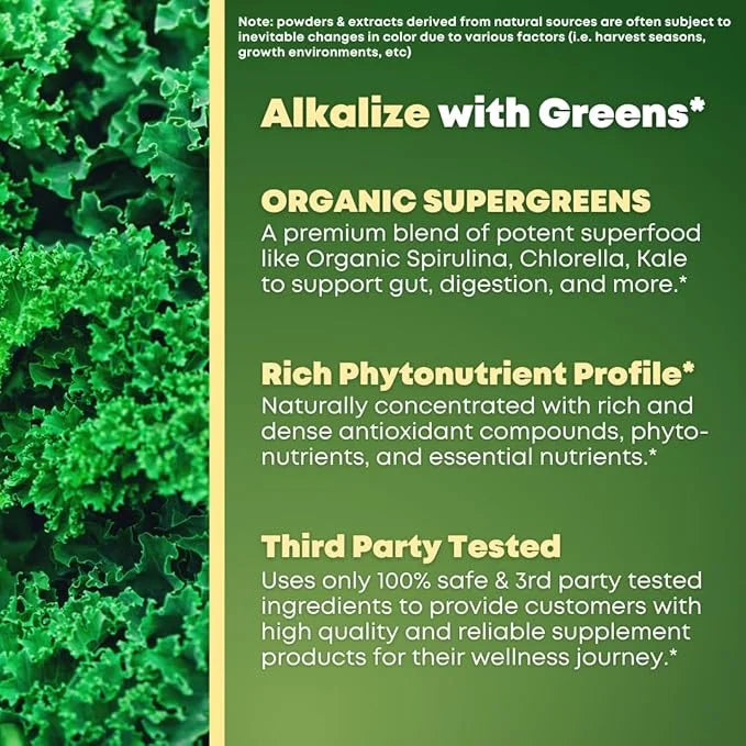 Organic Super Greens Superfood Capsules Supplement - Spirulina, Chlorella, Wheatgrass, Kale Powder, Sulforaphane, Antioxid...