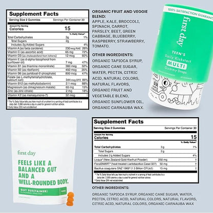 FIRST DAY Teens Daily Multivitamin + Tribiotic Gummies – Vitamin A, D3, B6, B12, C, Pre+, Post+, Probiotics & More to Supp...