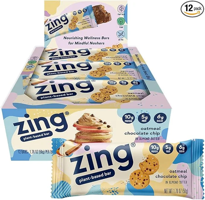 Zing Oatmeal Chocolate Chip Vegan Protein Bars, Gluten Free with High Protein, High Fiber, Dairy Free Nutrition Bars, Plan...