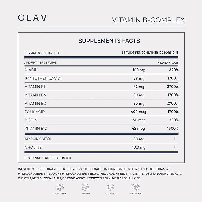 CLAV Vitamin B Complex - 120 Capsules - All 8 B Vitamins with Co-Factors Myo-Inositol & Choline - Supports Energy Metaboli...
