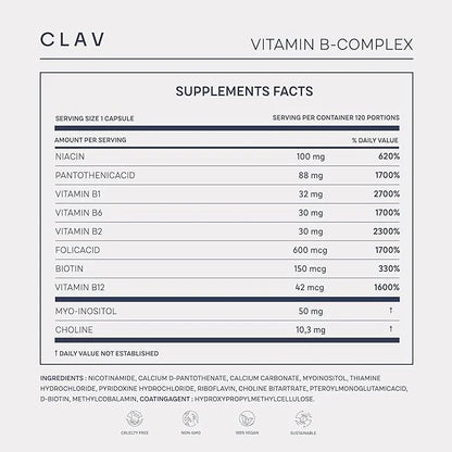 CLAV Vitamin B Complex - 120 Capsules - All 8 B Vitamins with Co-Factors Myo-Inositol & Choline - Supports Energy Metaboli...
