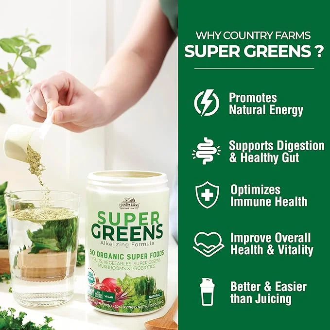 COUNTRY FARMS Super Greens Natural Flavor, 50 Organic Super Foods, USDA Organic Drink Mix, Fruits, Vegetables, Super Green...