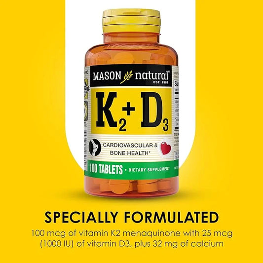 MASON NATURAL Vitamin K2 + D3, 300-Day Supply, with Calcium for Normal Bone and Muscle Support, 100 Tablets (Pack of 3) - ...
