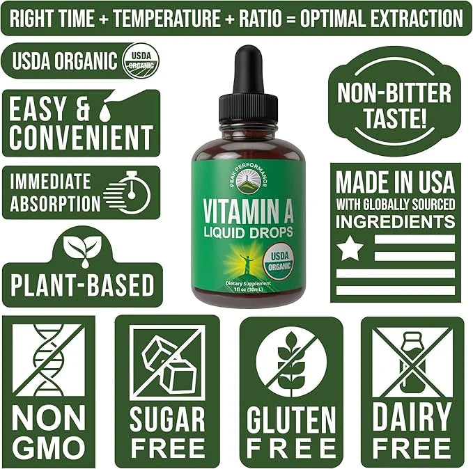 USDA Organic Vitamin A Liquid Drops Supplement. Vegan High Bioavailability For Eye, Skin, and Bone Health. For Adults, Men...