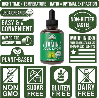 USDA Organic Vitamin A Liquid Drops Supplement. Vegan High Bioavailability For Eye, Skin, and Bone Health. For Adults, Men...