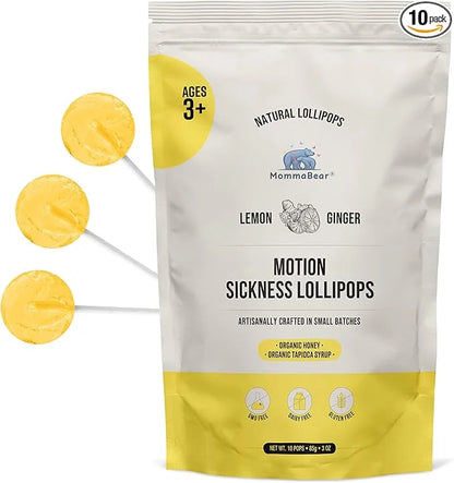 MommaBear Motion Sickness Lollipop - Natural Lollipops with Organic Honey, Lemon & Ginger - Stomach Upset Suckers for Adul...
