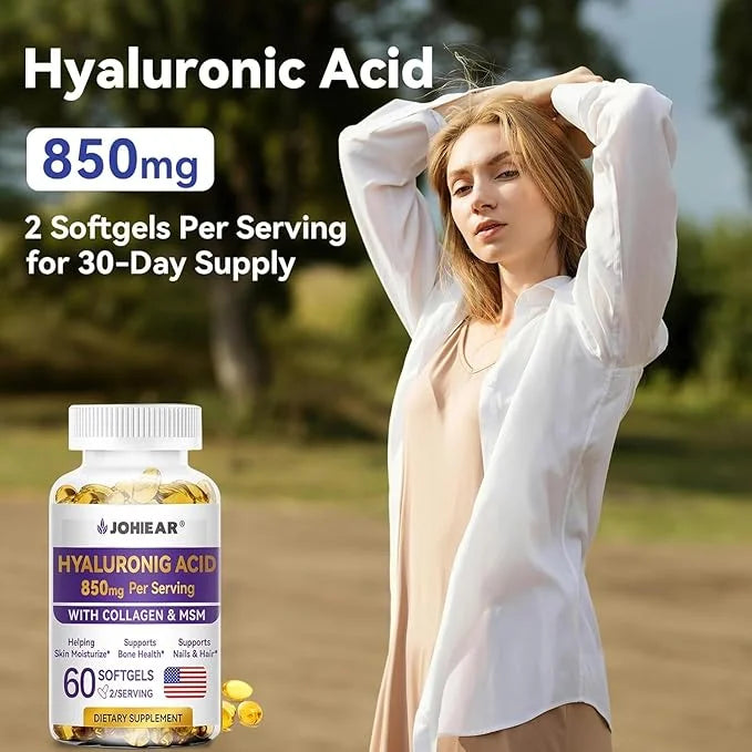 Hyaluronic Acid Supplements, 850mg High Bioavailable Dietary Hyaluronic Acid Capsules, Double Strength Skin Hydration, Joi...