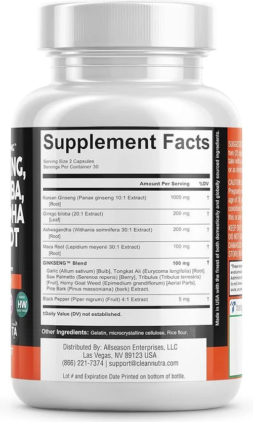 Clean Nutraceuticals Panax Ginseng 10000mg Ginkgo 4000mg Ashwagandha 3000mg - 60 Caps