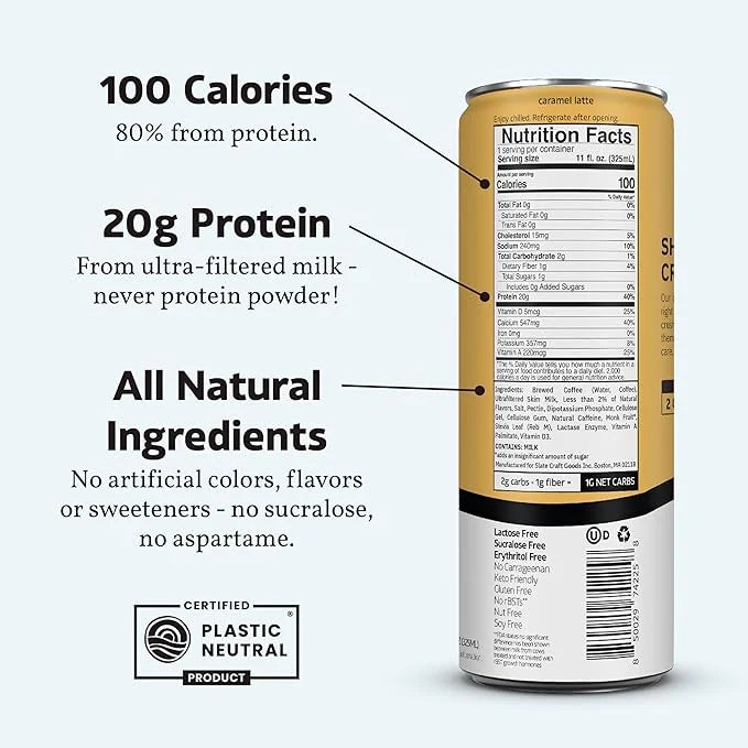 Slate Milk - High Protein Iced Coffee - Caramel Latte - 175mg Caffeine, Lactose Free Energy - 20g Protein, 1g Sugar, 100 C...