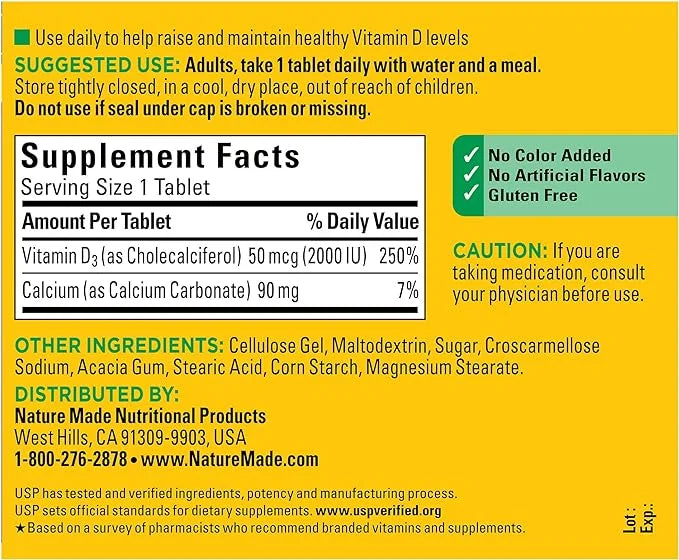 Nature Made Vitamin D3 2000 IU (50 mcg), 220 Tablets, 220 Day