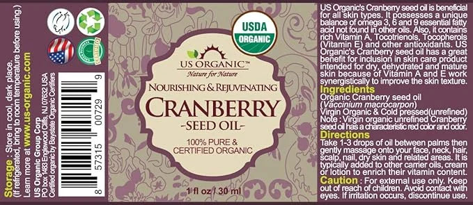 US Organic Cranberry Seed Oil, USDA Certified Organic,100% Pure & Natural, Cold Pressed Virgin, Unrefined in Amber Glass B...