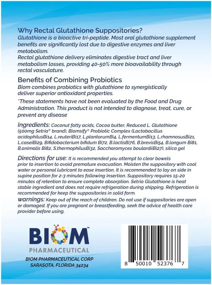 High Potency 500mg Reduced L-Glutathione (Setria Brand) + Probiotic Suppository. Maximum Bioavailable Glutathione Formulat...