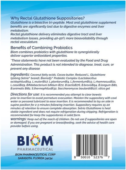 High Potency 500mg Reduced L-Glutathione (Setria Brand) + Probiotic Suppository. Maximum Bioavailable Glutathione Formulat...