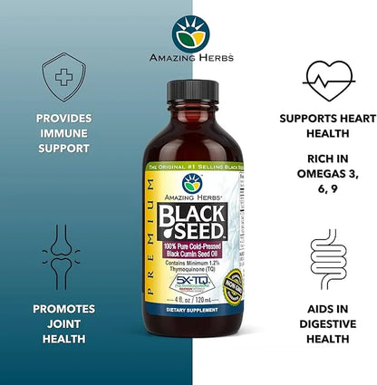 Amazing Herbs Premium Black Seed Oil - Cold Pressed Nigella Sativa Aids in Digestive Health, Immune Support, Brain Functio...