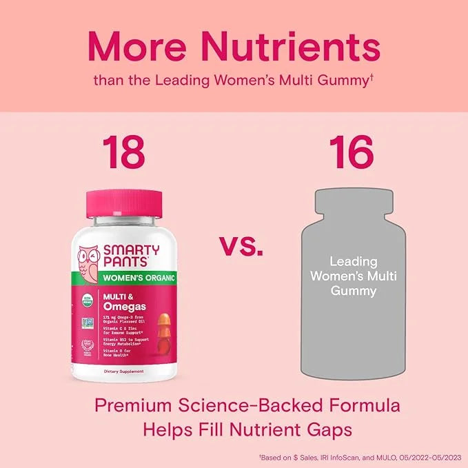 SmartyPants Organic Women's Multivitamin Gummies: Biotin, 3 (ALA), D3, C, B12, B6, B6, Vitamin 120 Count (30 Day