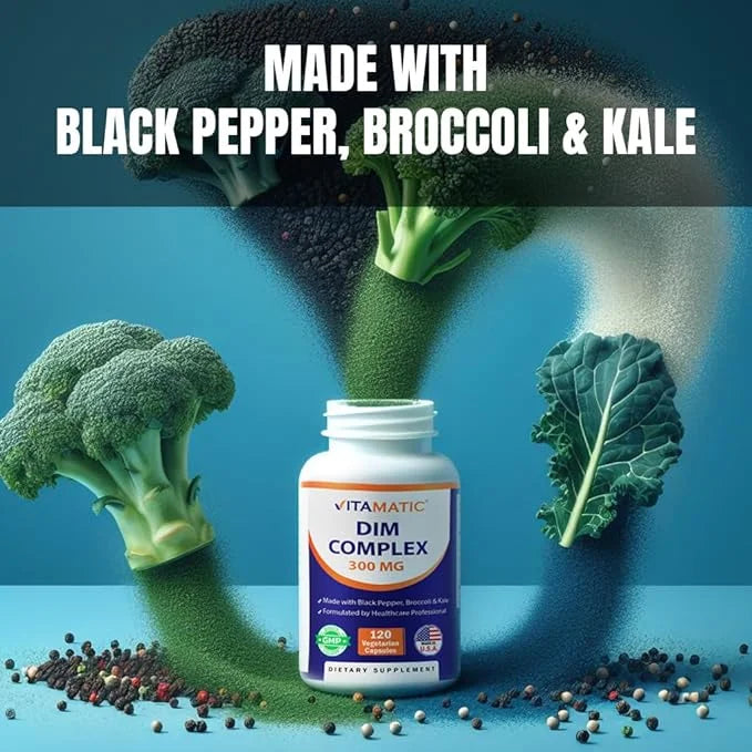 Vitamatic DIM Supplement Complex for Women & Men - 300mg - 120 Veg Capsules - Made with Black Pepper, Broccoli Powder & Ka...
