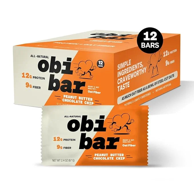 Obi Bar Peanut Butter Chocolate Chip - Protein and Oat Fiber Bar | All Natural | Subtle and Lightly Sweet Taste | Meal Bar...