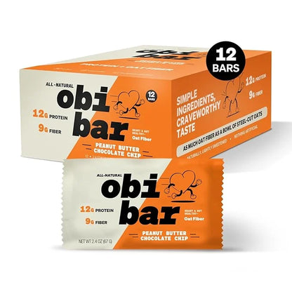 Obi Bar Peanut Butter Chocolate Chip - Protein and Oat Fiber Bar | All Natural | Subtle and Lightly Sweet Taste | Meal Bar...