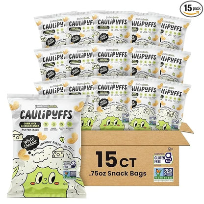 White Cheddar CauliPuffs - Corn, Rice, and Cauliflower Gluten Free Puffed Snack (Box of 15, 0.75oz bags) - Product Image