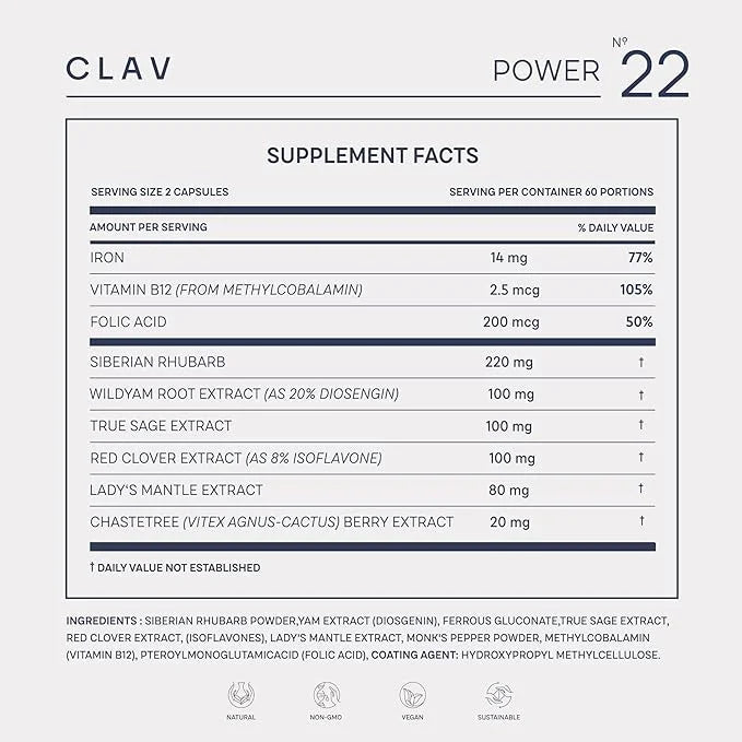 CLAV® Natural Hormone Balance for Women - PMS Relief with Siberian Rhubarb, Wild Yam & Vitex Berry - Vegan Menstrual Regul...