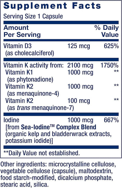Life Extension Pregnenolone Hormone Balance 100mg, Vitamin D3 K1 K2 Iodine Immune Bone 60 Capsules Bundle - Product Image
