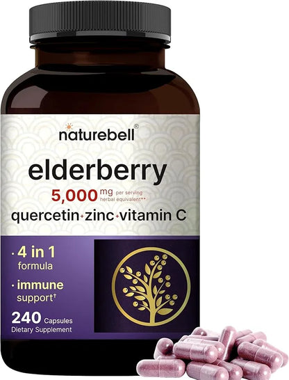 NatureBell Sambucus Elderberry Capsules, 5000mg Per 500mg, Vitamin 240 Count 4 in 1 Immune