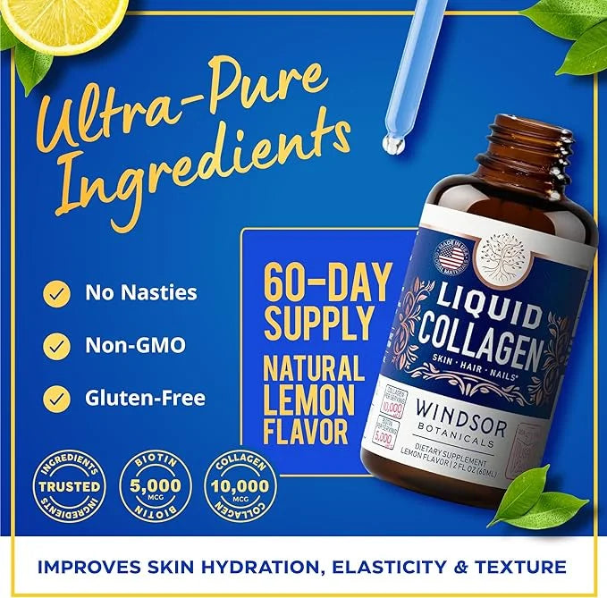 Concentrated Liquid Collagen Peptides Supplement 10,000mcg Collagen, 5,000mcg Biotin 2-Month - 2 oz