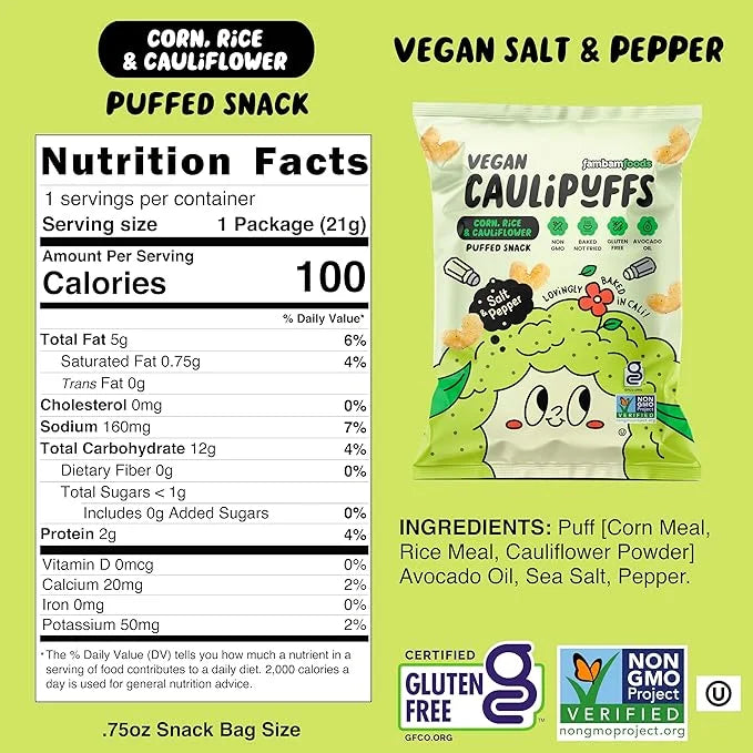 Vegan Salt & Pepper CauliPuffs - Corn, Rice, and Cauliflower Gluten Free Puffed Snack (box of 15-0.75oz bags) - Product Image