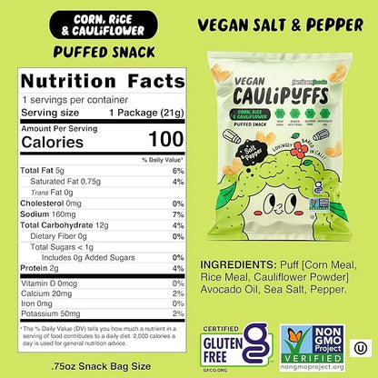 Vegan Salt & Pepper CauliPuffs - Corn, Rice, and Cauliflower Gluten Free Puffed Snack (box of 15-0.75oz bags) - Product Image