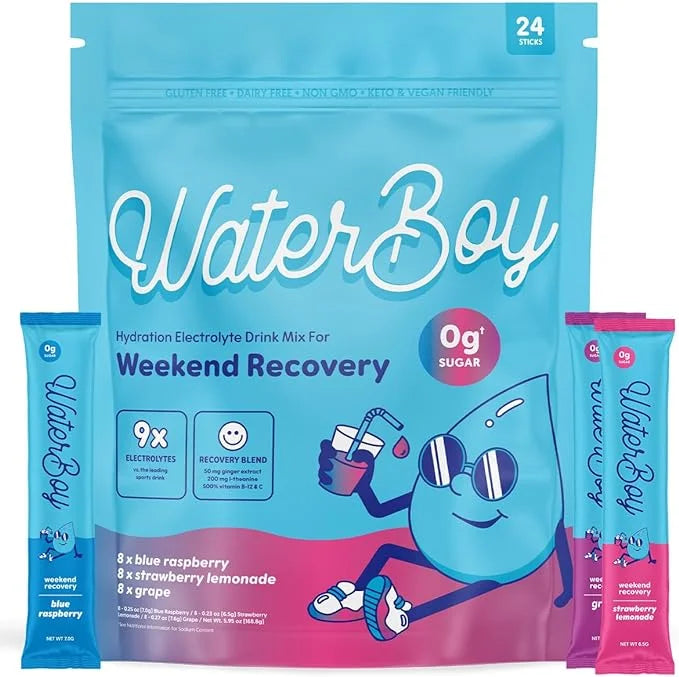 Waterboy Weekend Recovery Variety | 3,200mg Electrolyte Powder Packets | Ginger + L-Theanine + Vitamins | No Sugar, All Na...